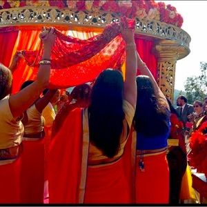 Simple bright orange saree with gold border and navy blue accents